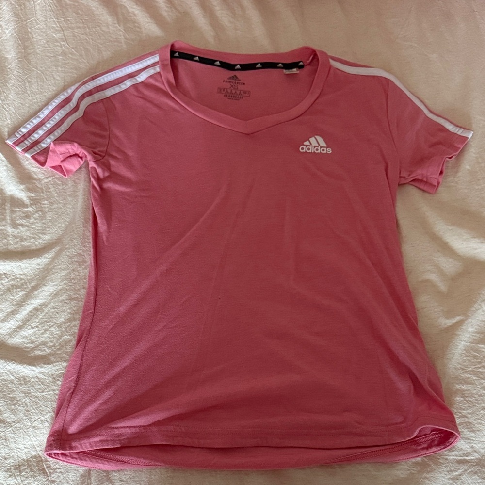 adidas Pink V-Neck Athletic Shirt with White Stripes
